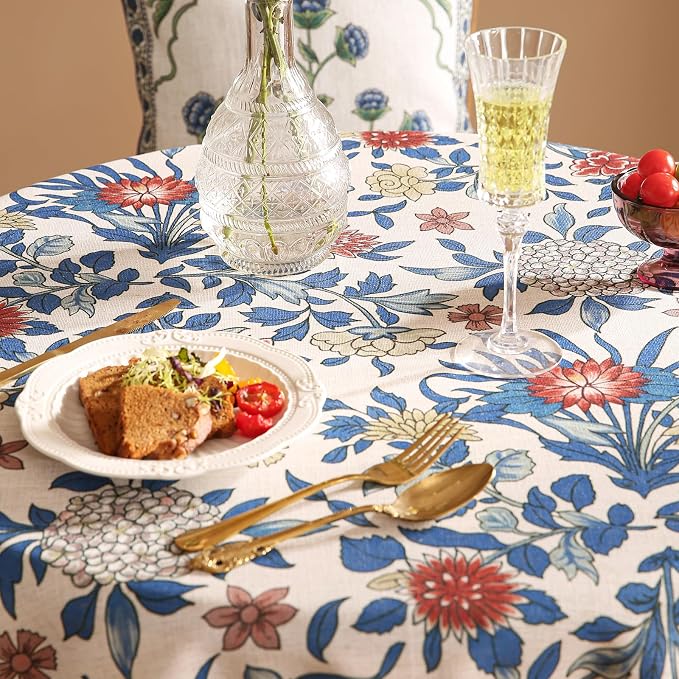 patdrea Vintage French Linen Tablecloth,Round,Diameter 55"-Ivar A | Elegant Colorful Table Cloth for Round Table,Blue and White Floral Patterned,Dining Room Tea Party Thanksgiving
