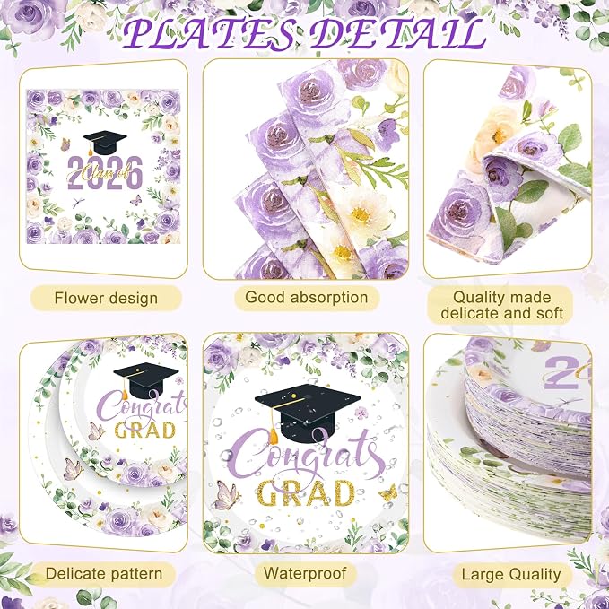 Funnymoom 452 Pcs Purple Floral Graduation Decoration Girl for 50 Guests, Class of 2026 Floral Graduation Paper Plates Napkins Cups Tablecloth Cutlery Straws for 2026 Congrats Grad Party Supplies