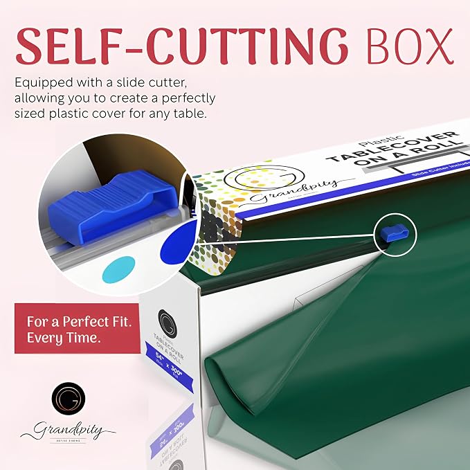 Grandipity Plastic Tablecloth Roll - 54in x 300 Ft. Dark Green Plastic Table Cloths for Parties Disposable with Cutter Box - Cut to Size Disposable Tablecloth Table Cover for Rectangle & Round