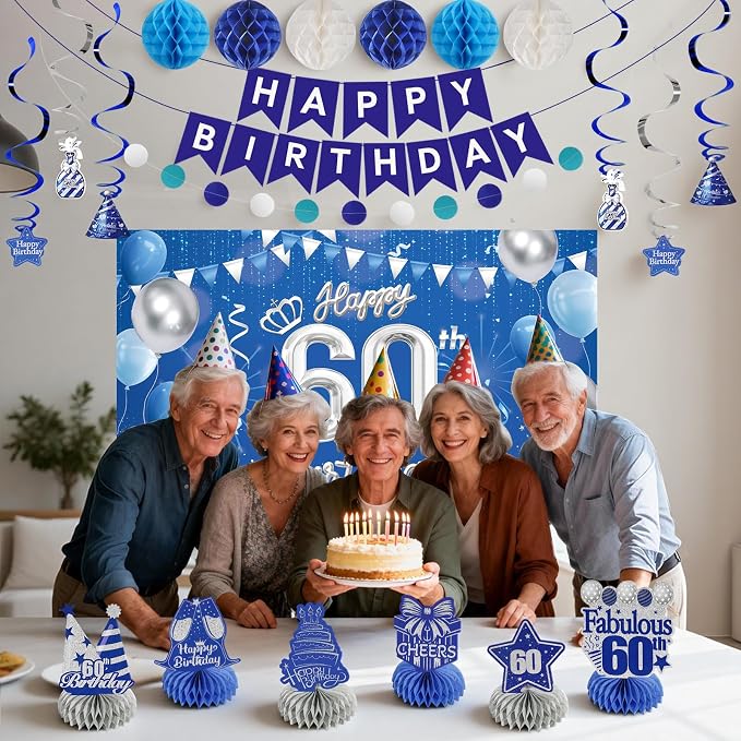 Happy 60th Birthday Party Decoration: Including Birthday Banner Backdrop, Party Table Centerpieces and Hanging Swirl Party Streamers, Birthday Decor for Men and Women (Blue, 60th Birthday)