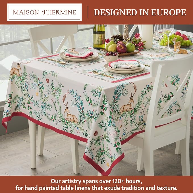 Maison d' Hermine Table Cloth Rectangle Table 100% Cotton 70 x 140 Inches Fall Tablecloth Reusable Everyday Use for Thanksgiving Christmas Decorations Dining Farmhouse Party (Holly Time)