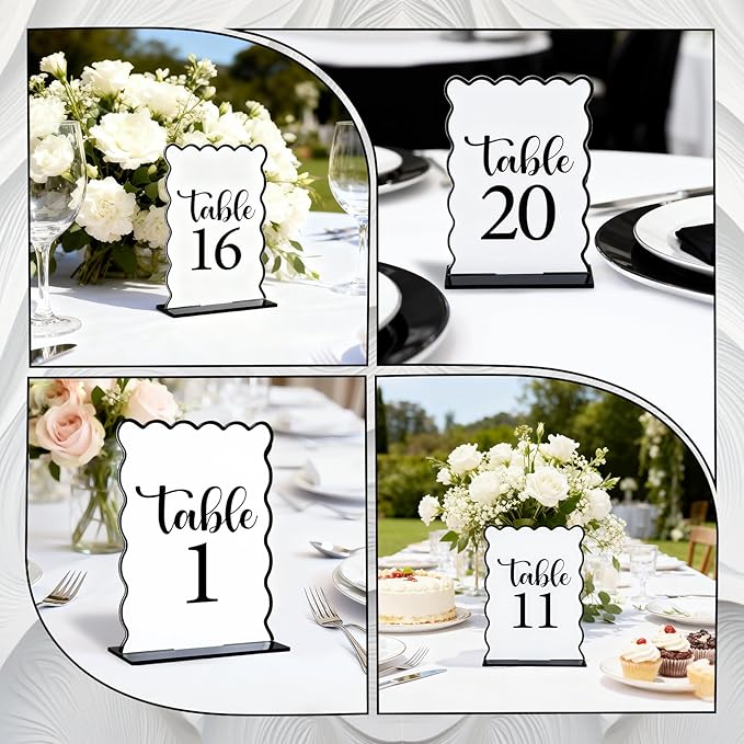 Black and White Wave Acrylic Table Number 1-20 with 20Pcs Stands, 5"x7" Table Centerpiece Decor for Indoor Outdoor Birthday Baby Shower Wedding Bridal Shower Anniversary Party Reception
