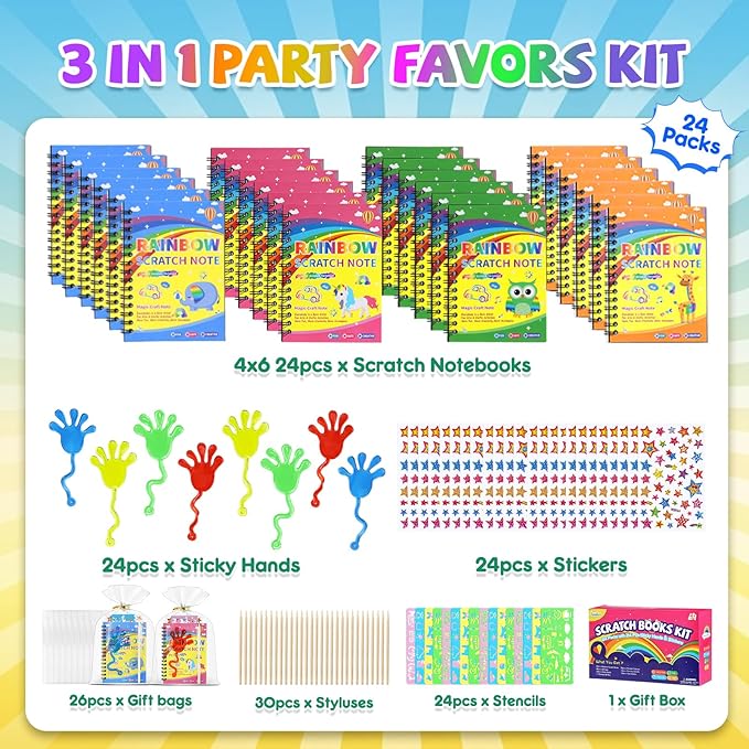 JMMICO 24*3 Pack Scratch Art Notebook+Sticky Hands+Stickers,Party Favors for Kids 4-8-12,Return Gifts for Birthday Party,Goodie Bags Stuffers,Classroom Prizes Bulk Gifts for Students