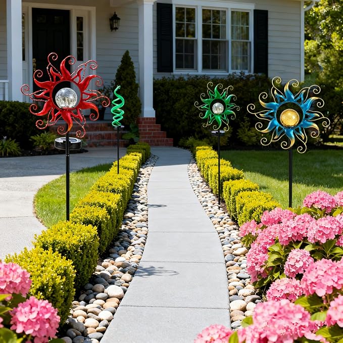 Solar Lights Outdoor Waterproof Red Sun Metal Crackle Glass Stake Decorative for Outside,Yard,Lawn,Patio,Walkway Mothers'Day Gifts Mom Grandma Garden Lover