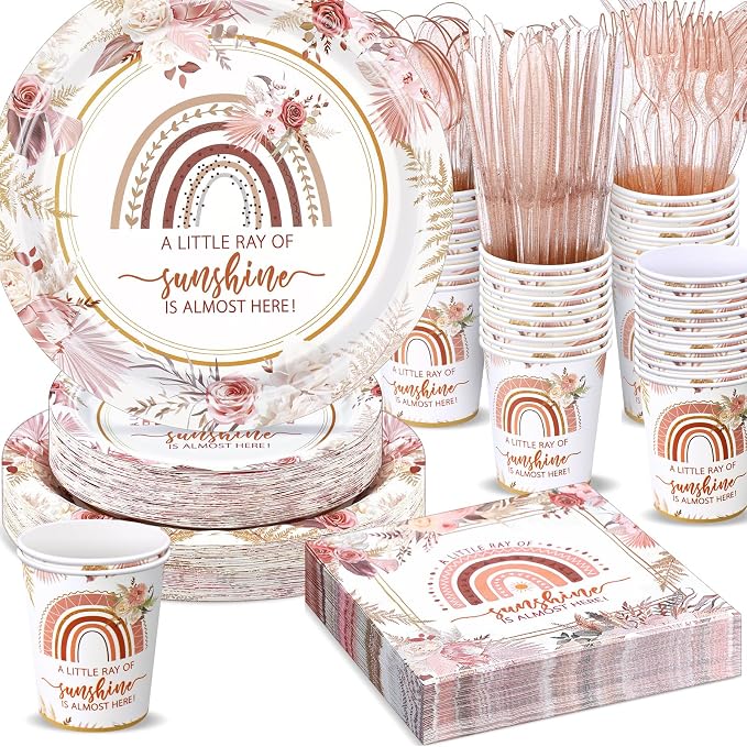 Ziliny 350 Pcs Boho Sunshine Baby Shower Party Supplies Rainbow Paper Plates Napkins Cups and Plastic Cutlery Party Tableware Set for Baby Shower Birthday Decorations, Serves 50
