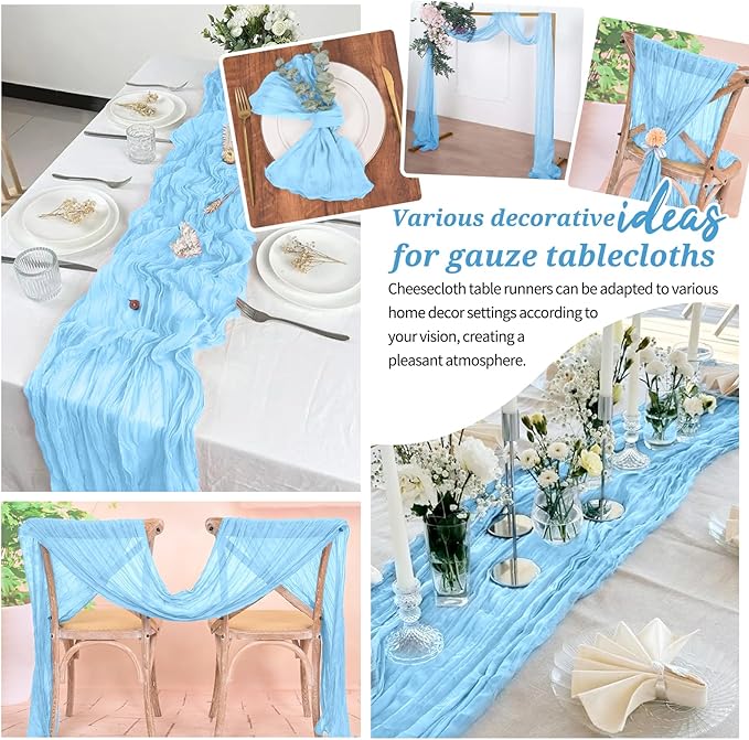 Light Blue Cheesecloth Table Runner 6 Pack 10FT - Boho Gauze Sheer Rustic Crinkled Table Runners for Wedding Party Baby Shower Bridal Decor
