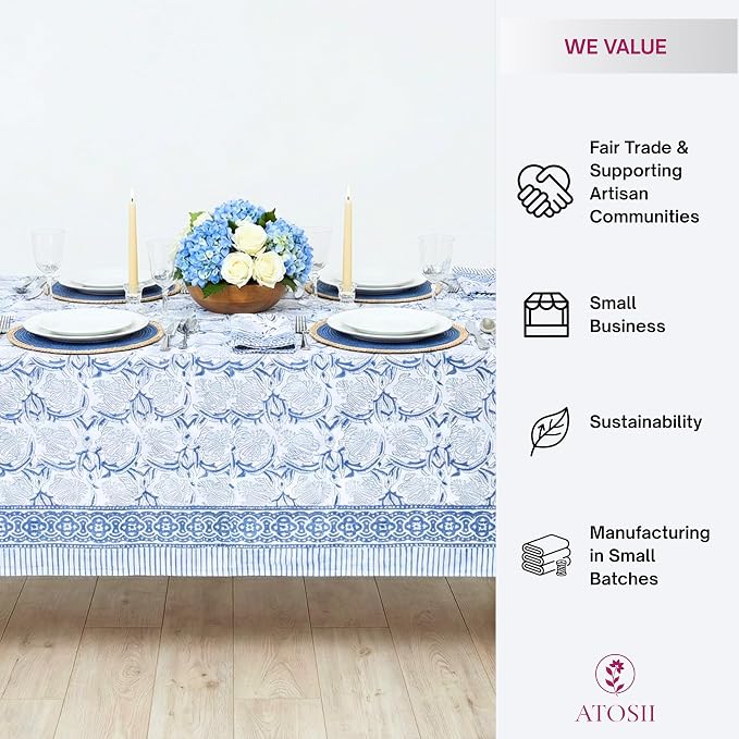 ATOSII ‘Santorini’ 100% Cotton Fall Tablecloth, Handblock Print Blue Rectangle Table Cloth for Kitchen I Dining Table Linen I Parties Wedding Christmas Thanksgiving I Fall Decor 60 X 90 Inches