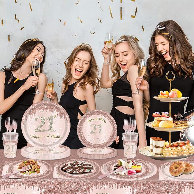 121Pcs 21st Birthday Party Supplies Plates Napkins Cups Forks Tablecloth Rose Gold Happy 21st Birthday Themed Disposable Tableware Decorations Serves 24 Guests for Women Her 21 Years