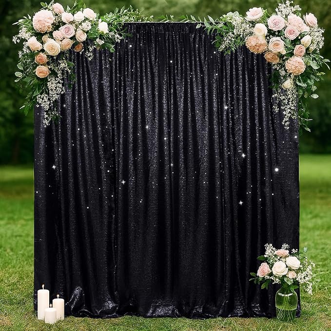 SquarePie 6x8ft Black Sequin Backdrop for Photography, Satin-Backed Real Sequin Curtain, Enhanced Coverage Shimmering Background with 4" Rod Pocket for Wedding, Birthday, Party Decor, 1 Panel