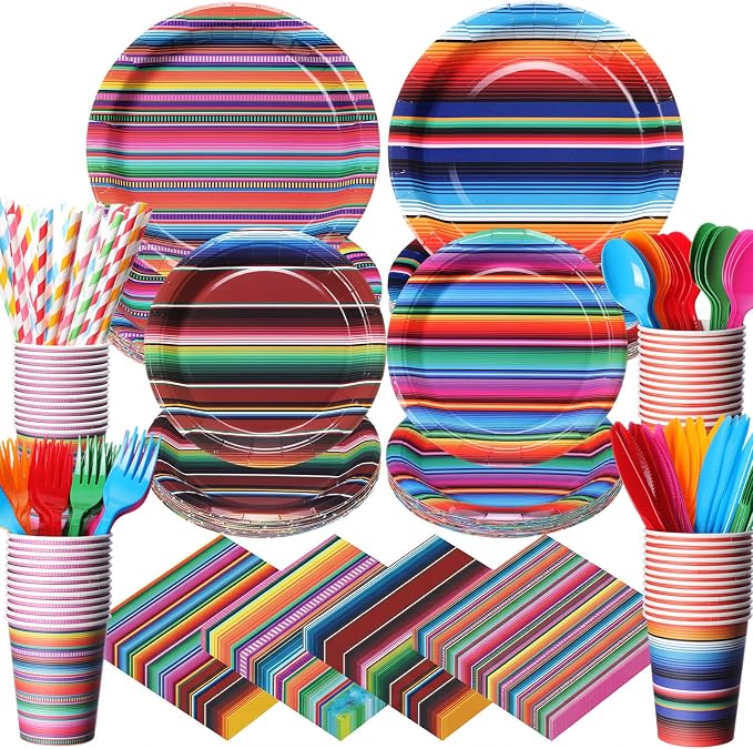 450 Pcs Mexican Serape Party Tableware Set Fiesta Decorations Taco Bar Paper Plates Colorful Stripes Napkins Cups Cutlery Straws for Taco Tex Mex Birthday Party Supplies, Serves 50