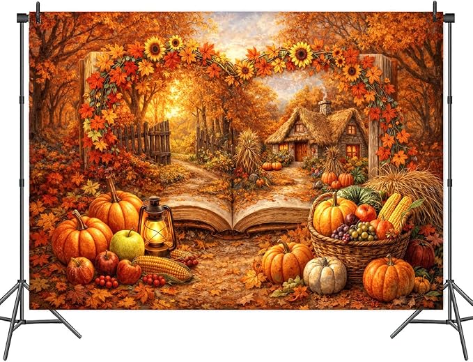 10 x 8 ft Fall Photo Backdrops for Photography Autumn Fairy Wonderland Storybook Pumpkin Magic Garden Thanksgiving Backdrop Maple Leaves Thanksgiving Photoshoot Portrait Photo Backdrops Decorations