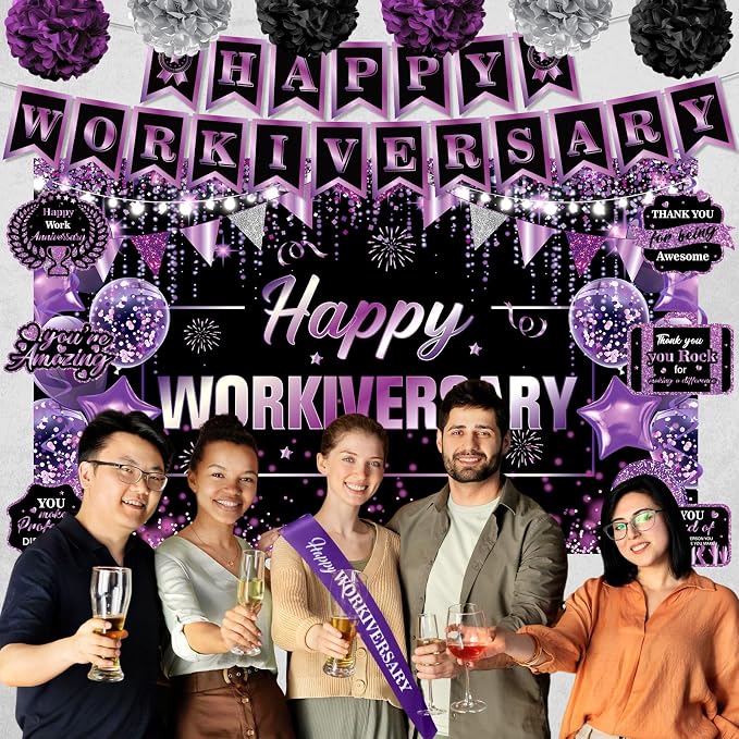 Happy Work Anniversary Decorations Black and Purple Happy Workiversary Banner Honeycomb Centerpieces Hanging Swirls Tissue Paper Pompoms Sash Set for Women Office Employee Worker Appreciation Supplies