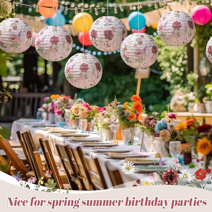 Honoson 12 Pcs Red Rose Paper Lanterns Spring Floral Party Decorations Hanging 10 Inch Chinese Lanterns for Wedding, Bridal Shower, Baby Shower, Tea Party Decorations