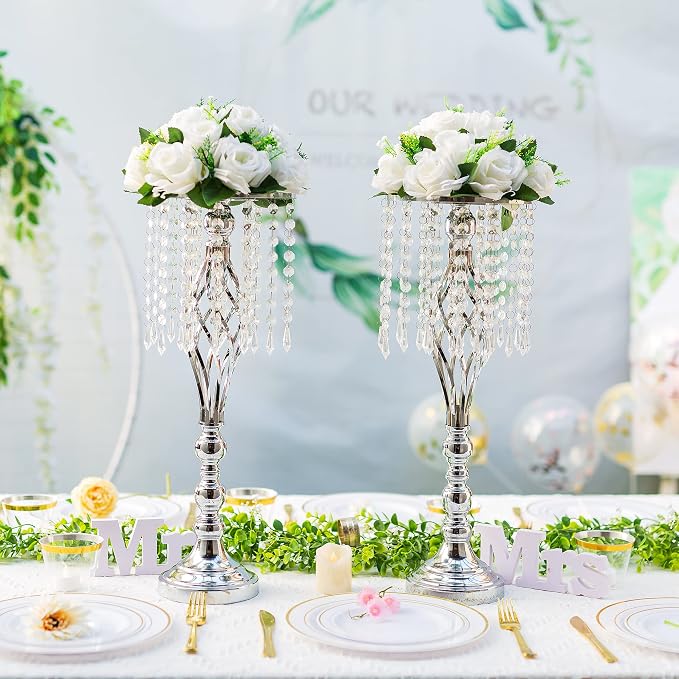 Sliver Vases Centerpieces for Table: 21.7" Tall Flower Stand with Crystal Patent for Wedding Center Piece Party Event Set of 2