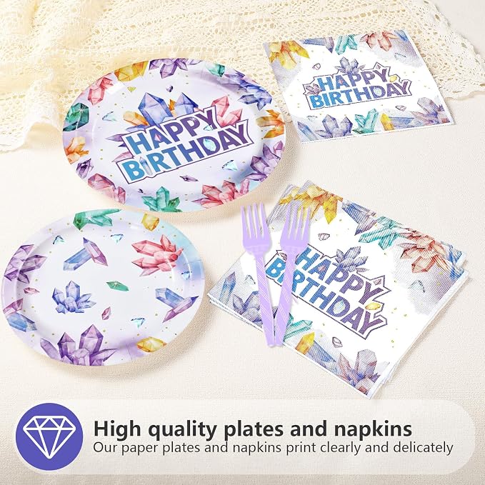 96Pcs Crystal Birthday Party Decorations Purple Gem Stone Diamond Plates and Napkins Tableware Sets Geology Crystal Theme Party Decorations for Women Girls Baby Shower Birthday Supplies Serves 24