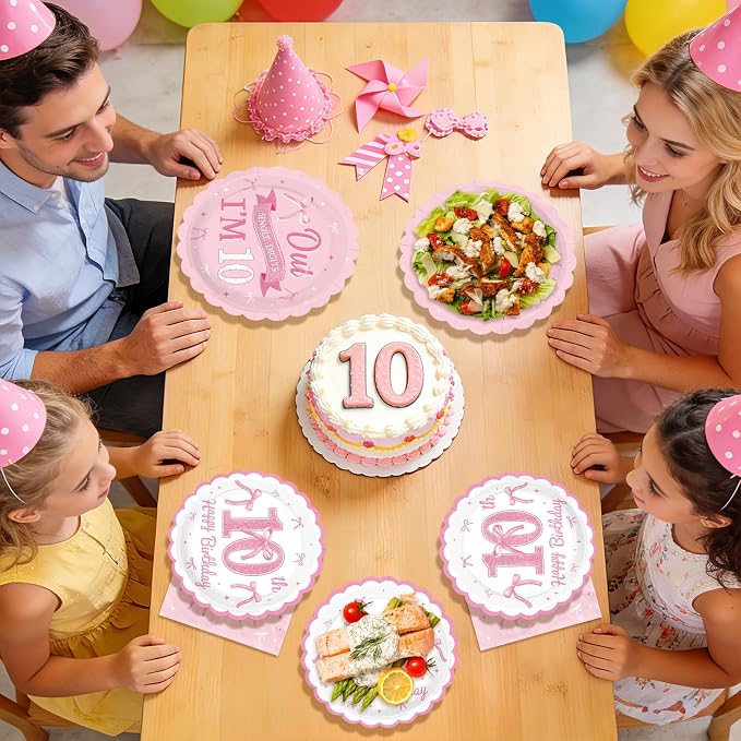 96Pcs Pink Bow Party Supplies Coquette 10th Birthday Party Plates and Napkins Disposable Bow Themed Tableware Set for Girl Happy 10th Birthday Baby Shower Decorations, Serves 24