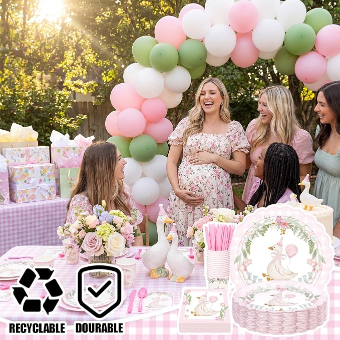 Zhehao 350 Pcs One Silly Goose Birthday Party Tableware Set Scalloped Pink Gingham Baby Shower Plates Cup Napkins Forks for Birthday Party Decorations Supplies for 50 Guests