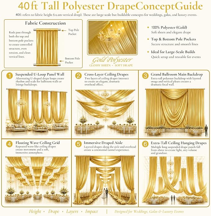 50ftx40ft Gold Ceiling Curtain for Wedding Parties – 10 Panels Wrinkle-Free 40 FT Long Tent Draping Curtains for Wedding, Birthday & Theme Parties, 40ft Height with Rod Pocket