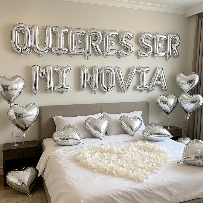 QUIERES SER MI NOVIA 2 Set Balloons - 34pcs 16" Letter, 10pcs 18" Heart, Alphabet Foil Mylar for Valentines Day Decorations with 1200pcs Cream White Artificial Rose Petals
