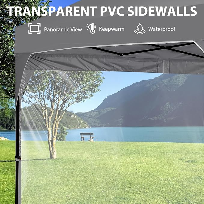 10x10FT Canopy Tent, 1-Button Push Instant Pop Up Canopy with 4 Sandbags, Easy Setup Outdoor Gazebo Shelter (Grey, 10x10 with PVC Sidewalls)