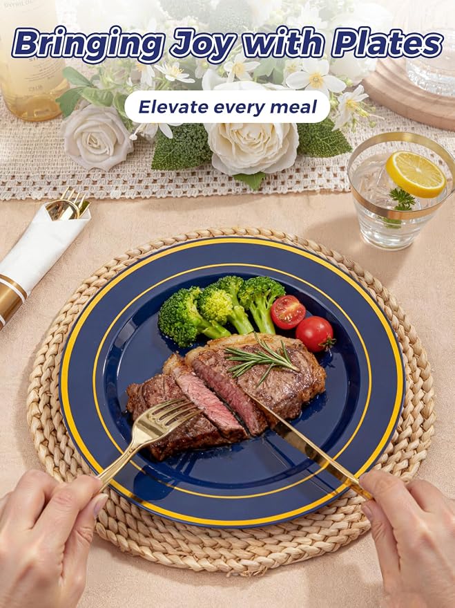 WDF Partyware 175PCS Blue and Gold Plastic Plates - Navy Blue Plates with Pre Rolled Napkins for Party - 25Guest Disposable Dinnerware Sets for Party/Birthday/Wedding
