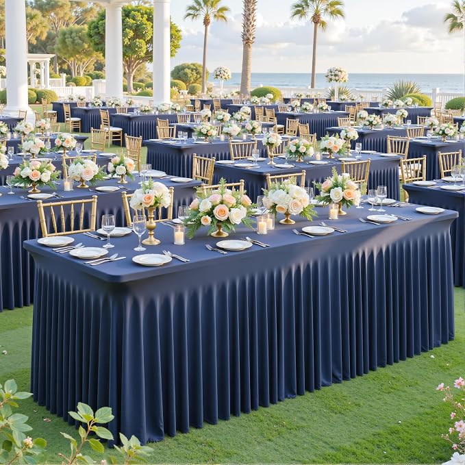 gogoparti 2 Pack Spandex Navy Blue Fitted Table Cloth for 8ft Rectangle Tables Navy Blue Stretch Tablecloth Banquet Table Covers Skirt Wrinkle Free Tablecloths for Parties Wedding