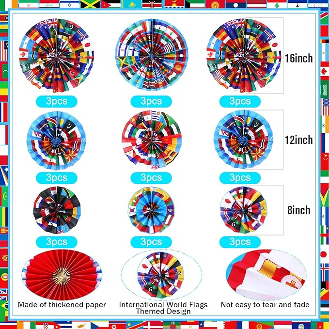 Outus 9 Pcs International World Flags Classroom Decorations Around the World Hanging Paper Fans Country Flags International Decor Party Banner Garland for Office Classroom Decor