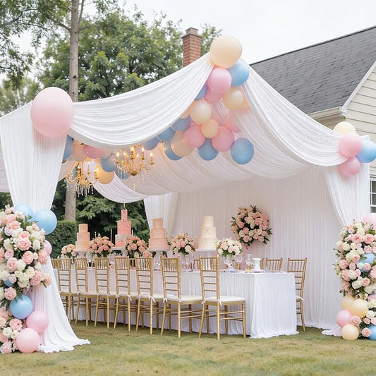 4 Panels 5x30ft White Ceiling Drapes for Wedding, Wrinkle Free Thick Polyester 30ft Long Canopy Tent Ceiling Curtains Draping Arch Drapery for Birthday Party Event Venue Decoration