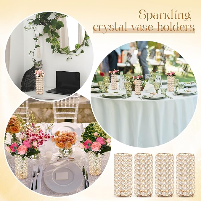 Dandat 8 Pcs Crystal Flower Vase for Wedding Table Centerpieces 7.87 in Crystal Pillar Candle Holder Metal Cylinder Flower Vase Stand for Christmas Wedding Decor Gifts Arrangement Event(Gold)