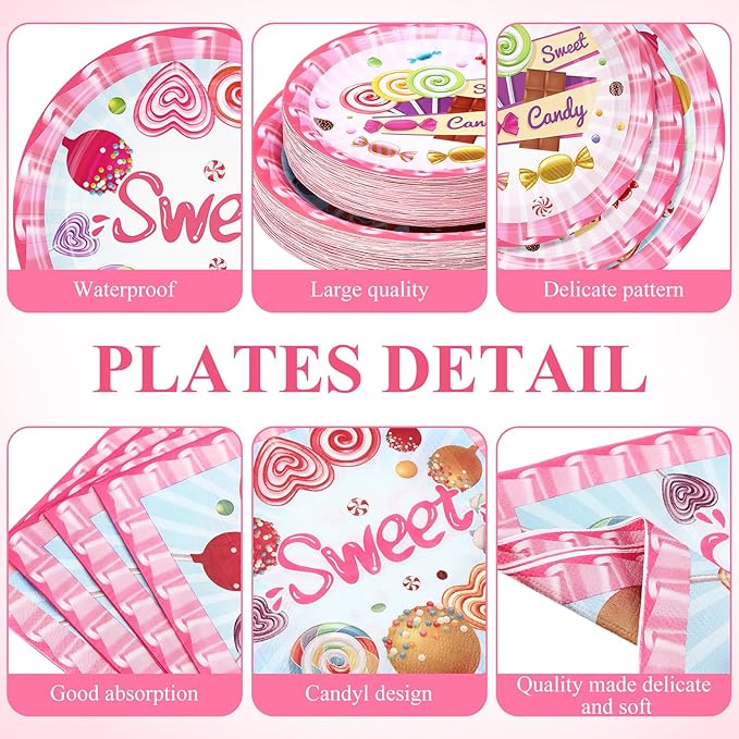 Funnymoom 452 Pcs Candyland Party Decorations Include Candy Paper Plates Napkins Cups Tablecloth Cutlery Straws Candy Birthday Dinnerware Disposable for Birthday Baby Shower Party Supplies