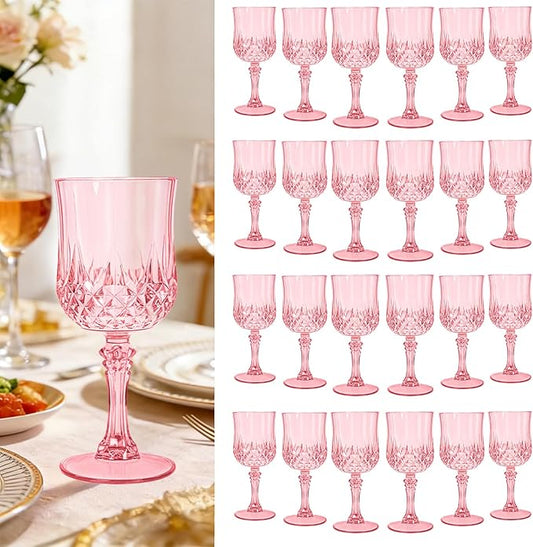 Teruntrue 24 Pcs Pink Plastic Wine Glasses Vintage Wine Glass for Parties Crystal Plastic Goblets Drinking Glasses Reusable Drinkware for Wedding, Valentine’s Day, Parties, Grand Event