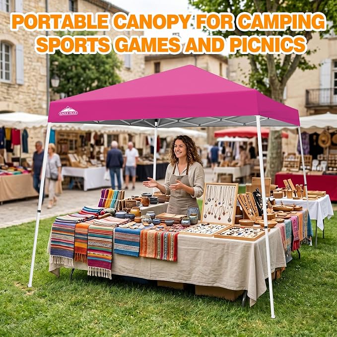 EAGLE PEAK 10x10 Slant Leg Pop-up Canopy Tent Easy One Person Setup Instant Outdoor Beach Canopy Folding Portable Sports Shelter 10x10 Base 8x8 Top (Pink)