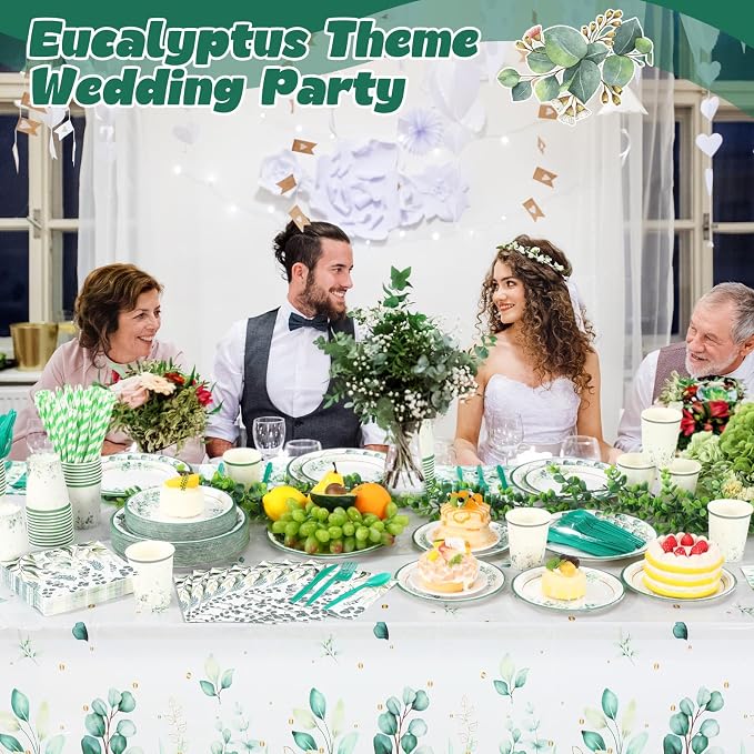 Funnymoom 452 Pcs Sage Green Party Decorations for 50 Guests, Eucalyptus Theme Paper Plates Napkins Cups Tablecloth Cutlery Straws for Bridal Baby Shower Birthday Wedding Party Decorations Supplies