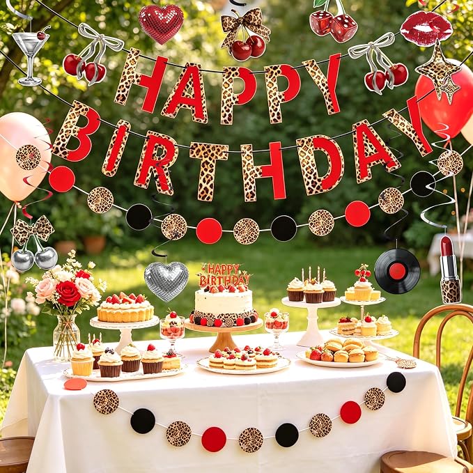 SUNBEAUTY Cheetah Birthday Party Decorations Cherry Cheetah Print Banner Leopard Hanging Swirls with Red and Black Cheetah Party Garland Foil Swirls Ceiling Safari Animal Birthday Party Decorations for Women Girls
