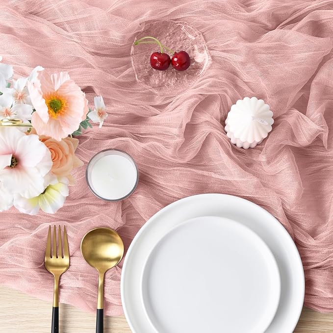 Joanlody Dusty Rose Cheesecloth Table Runner Spring Summer 10Ft Rustic Gauze Boho Cheese Cloth Table Runner for Wedding Bridal Baby Shower Decoration 4 Pack