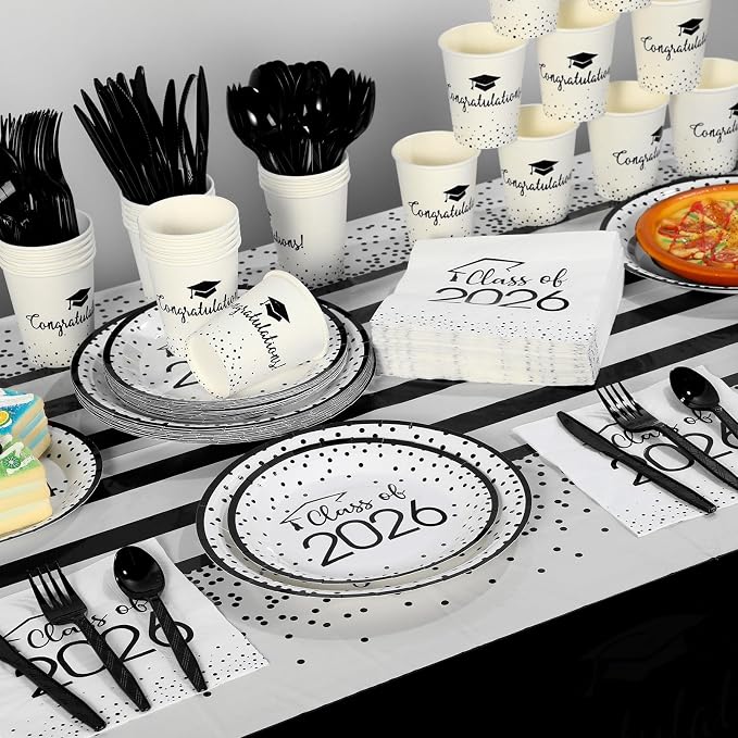 175pcs Class of 2026 Graduation Plates and Napkins Set, Disposable Paper Plate Set Polka Dots Napkin Cups Knife Fork Spoon for Graduation Party Decorations and Supplies,Serve 25 (White Black)