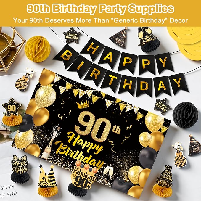 Happy 90th Birthday Party Decoration: Including Birthday Banner Backdrop, Party Table Centerpieces and Hanging Swirl Party Streamers, Birthday Decor for Men and Women (Gold/Black, 90th Birthday)