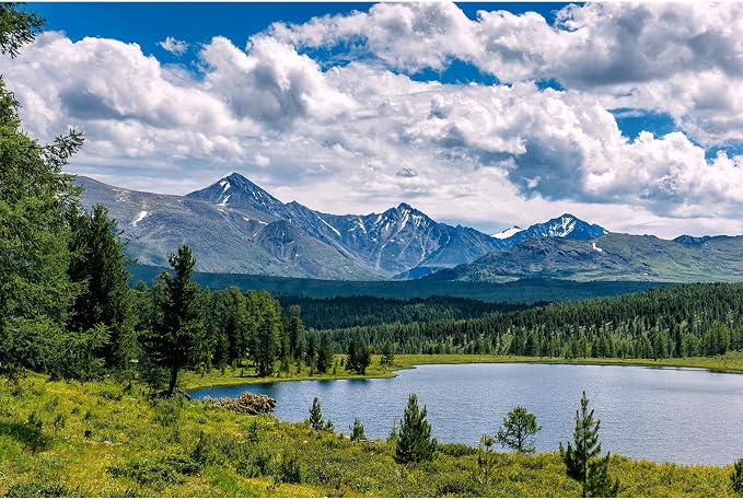 Mountain Lake Backdrop Pine Trees Forest Natural Landscape Photography Background Tranquil Lake Fantastic Mountains Blue Sky with Clouds Background Mountains Turquoise Water Backdrop Props 9x6ft