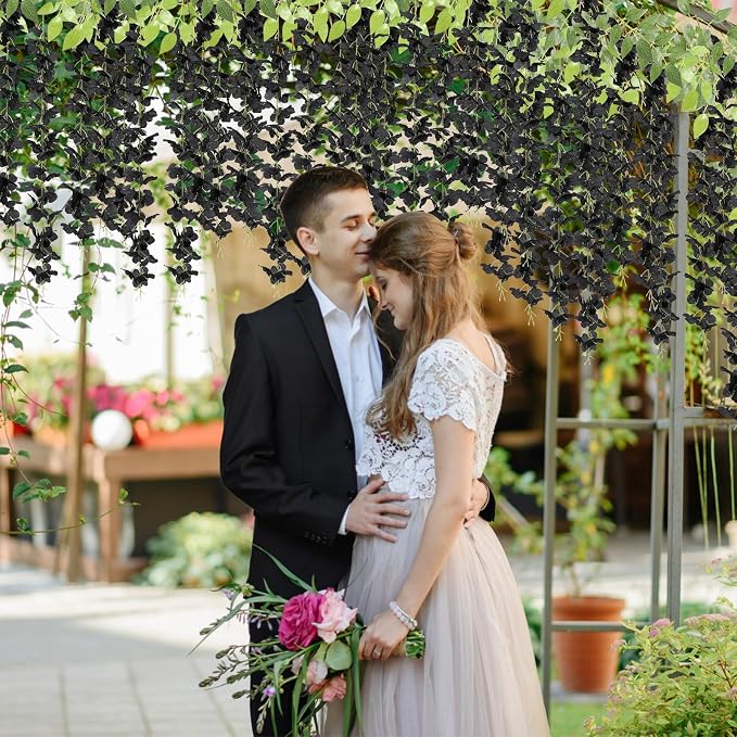 U'Artlines 24 Pack (Total 86.4 Feet) Artificial Fake Wisteria Vine Rattan Hanging Garland Silk Flowers String Home Party Wedding Decor (24, Black)