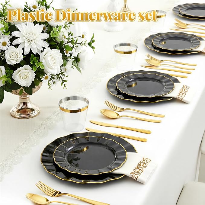Glowserve 175 Piece Disposable Plastic Plates Dinnerware Set for 25 Guests | 50 Plastic Plates,25 Silverware Set,25 Cups and Napkins,Party Wedding Birthday,Family Gathering,Fancy Plastic Plates