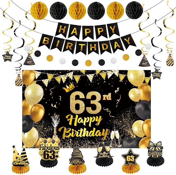 Happy 63rd Birthday Party Decoration: Including Birthday Banner Backdrop, Party Table Centerpieces and Hanging Swirl Party Streamers, Birthday Decor for Men and Women (Gold/Black, 63rd Birthday)