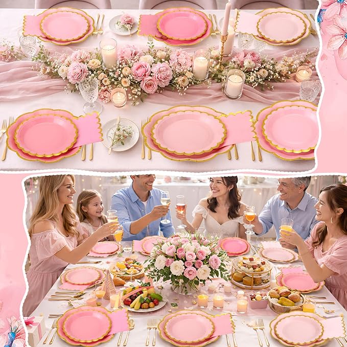 144 Pcs 48 Guests Pink Paper Plates and Napkins Party Supplies Gradient Pink Scalloped Plates with Gold Rim 9 Inch 7 Inch Disposable Dessert Party Decoration for Wedding Birthday Baby Shower