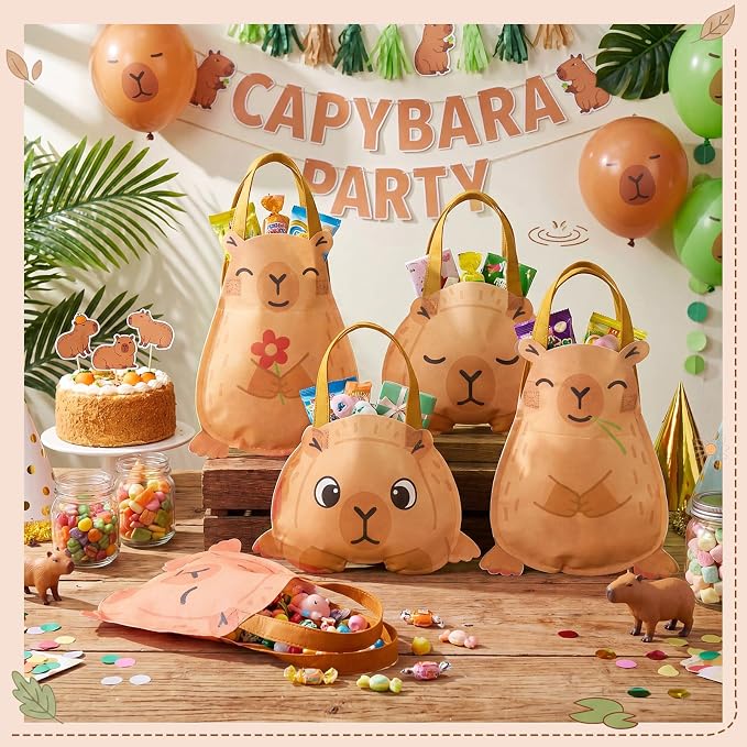 Locmeo 24 Pcs Capybara Party Favors Bags 10 Inch Capybara Birthday Gift Bags Bulk Nonwoven Reusable Tote Bag with Handle for Goodie Snack Treat Cute Capybaras Party Supplies Birthday Decoration
