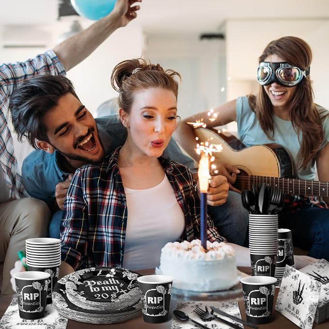Hushee 324 Pcs Death to My 20s Decorations 30th Birthday Party Supplies Rip to My 20s Disposable Plates Cups Napkins Black Tableware Set for Youth 30th Birthday