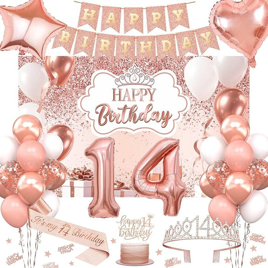14th Birthday Decorations for Girls, 52pcs Sweet Rose Gold Happy 14 Birthday Decorations Including 14th Rose Gold Crown, Sash, Banner, Background for 14 Party Decorations Set