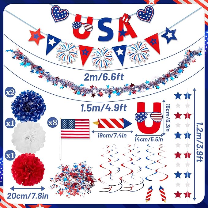 4th/Fourth of July Decorations Set, Patriotic Decorations, Red White and Blue Decors, with Pre-strung Banners for Memorial Day, Independence Day Supplies Party Decor