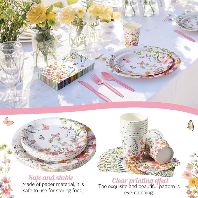 Sinmoe 400 Pcs Pink Floral Plates and Napkins Set Paper Spring Butterfly Wildflower Dinnerware Disposable Party Supplies for 50 Guest Flower Dinnerware Knife Fork Spoon for Spring Birthday Baby Shower