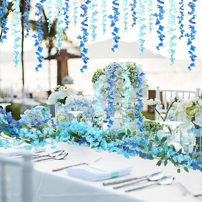 Thiccywoov 12pcs Wisteria Artificial Flowers Garland, 7.2Ft/Piece Wisteria Hanging Flowers Garland for Wedding Arch Decoration Outdoor Ceremony Home Backdrop Garden (Light Blue,Dark Blue)