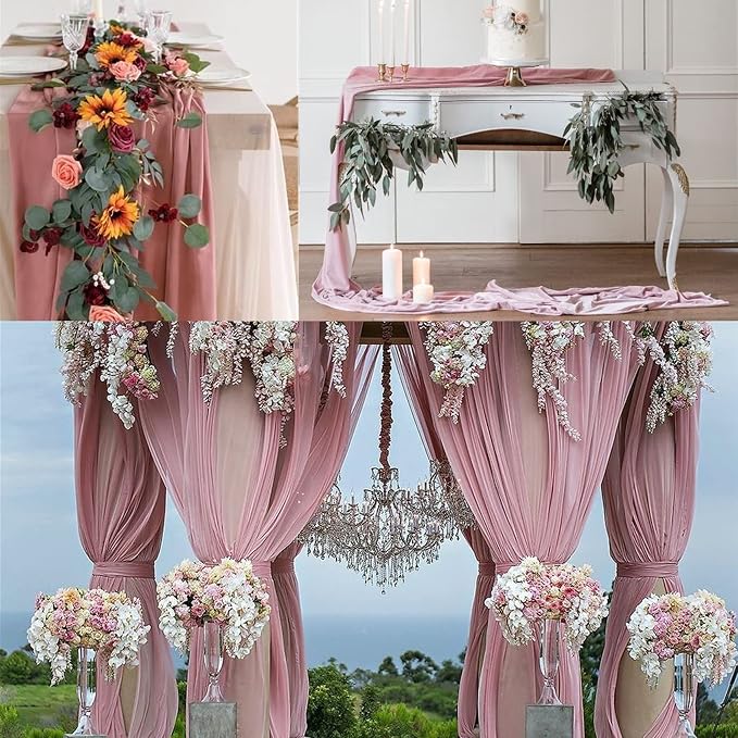 12 Packs Dusty Rose 10Ft Chiffon Table Runner 27 x 120 Inches Sheer Chiffon Table Runner Romantic Boho Rustic Wedding Table Runner for Wedding Birthday Party Decor Bridal Baby Shower Table Decoration