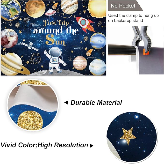 First Trip Around The Sun Baby Shower Backdrop for Kids Space Theme Birthday Party Decorations Astronaut Planets Rocket Galaxy Background Banner Photo Booth Props 7x5ft